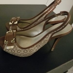 Guess Womens Size 7.5 Tan Brown Open Toe Platform
